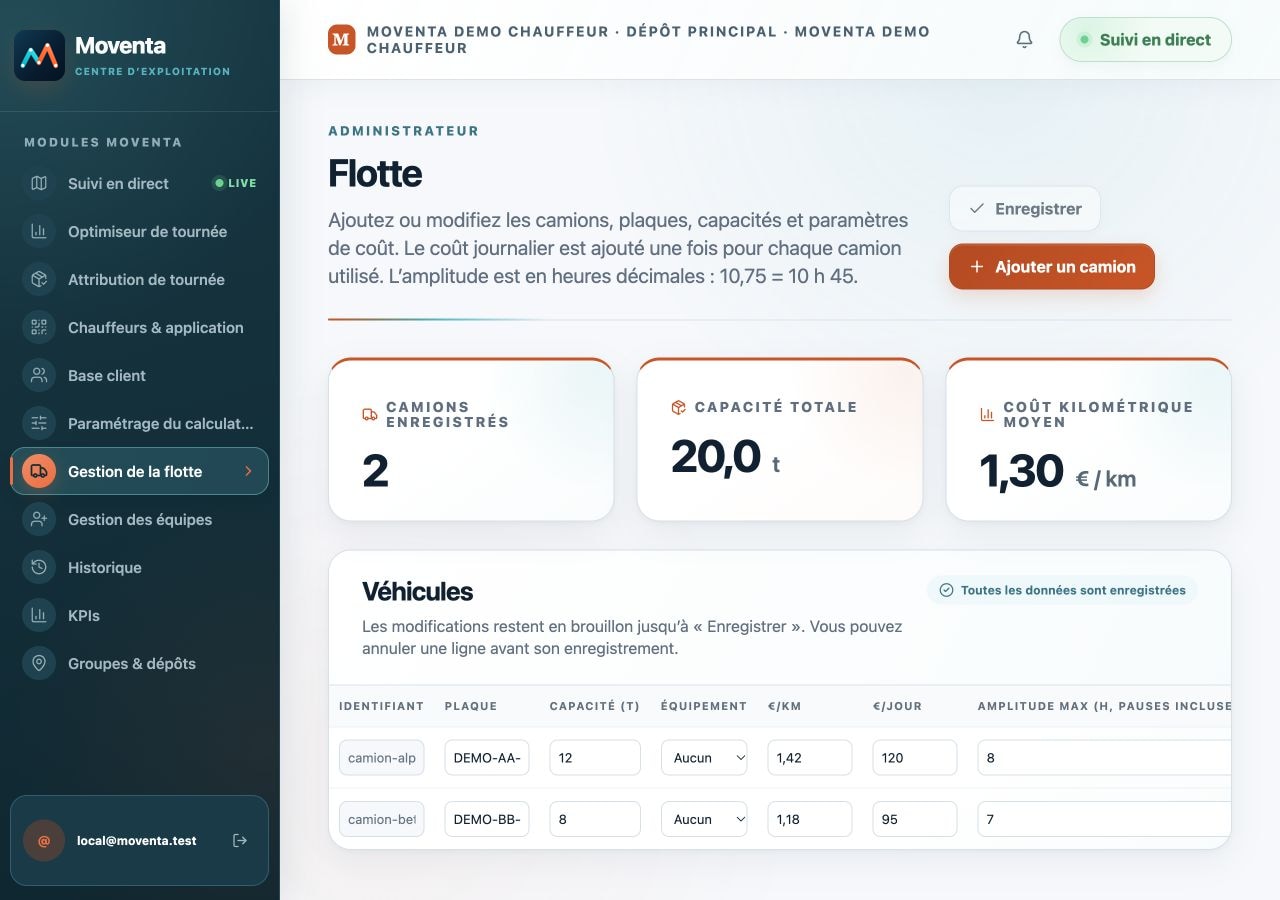 Capture réelle de la gestion de flotte Moventa avec deux véhicules fictifs